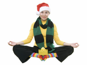 Woman medicating in holiday clothes