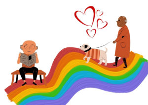 An older man reads a book and another older man walks a dog, joined by a rainbow, which signifies support for LGBTQ+ senior care.